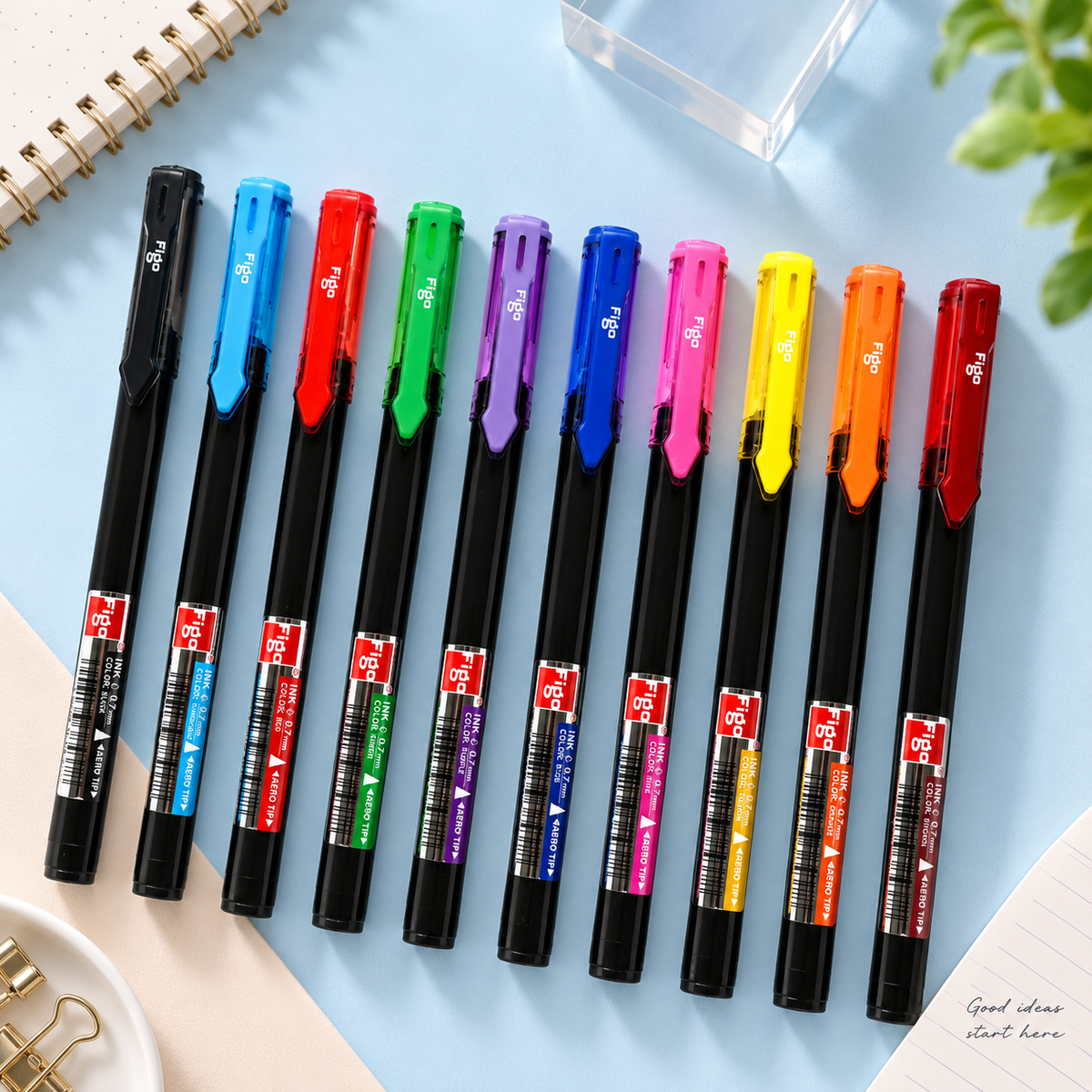 Figo Aero Tip Roller Pen – Set of 10 Assorted Colours
