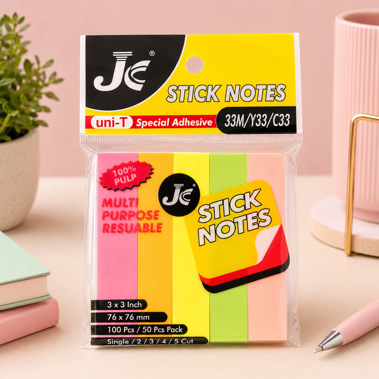 JC Sticky Notes 33M / Y33 / C33 – 3 × 3 Inch | 5-Cut