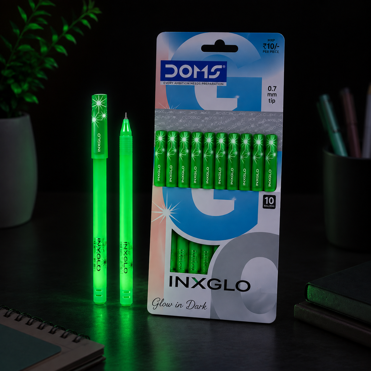 DOMS Inxglo Red – Pack of 10 | Glow-in-the-Dark Ball Pen
