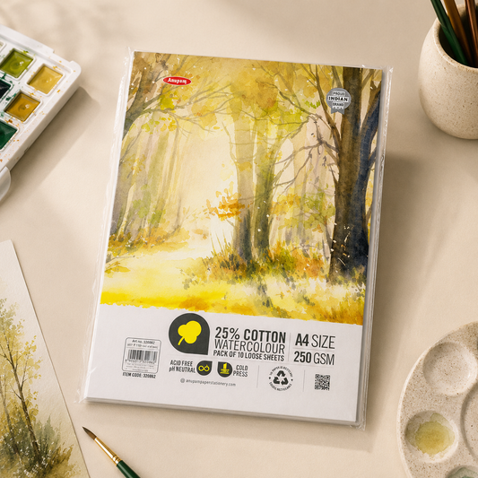 Anupam 25% Cotton Watercolour Paper – A4 | 250 GSM | 10 Sheets