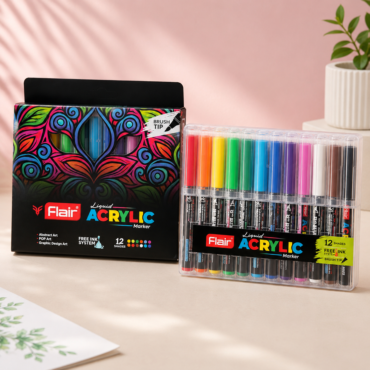 Flair Acrylic Liquid Markers – Brush Tip | 12 Shades