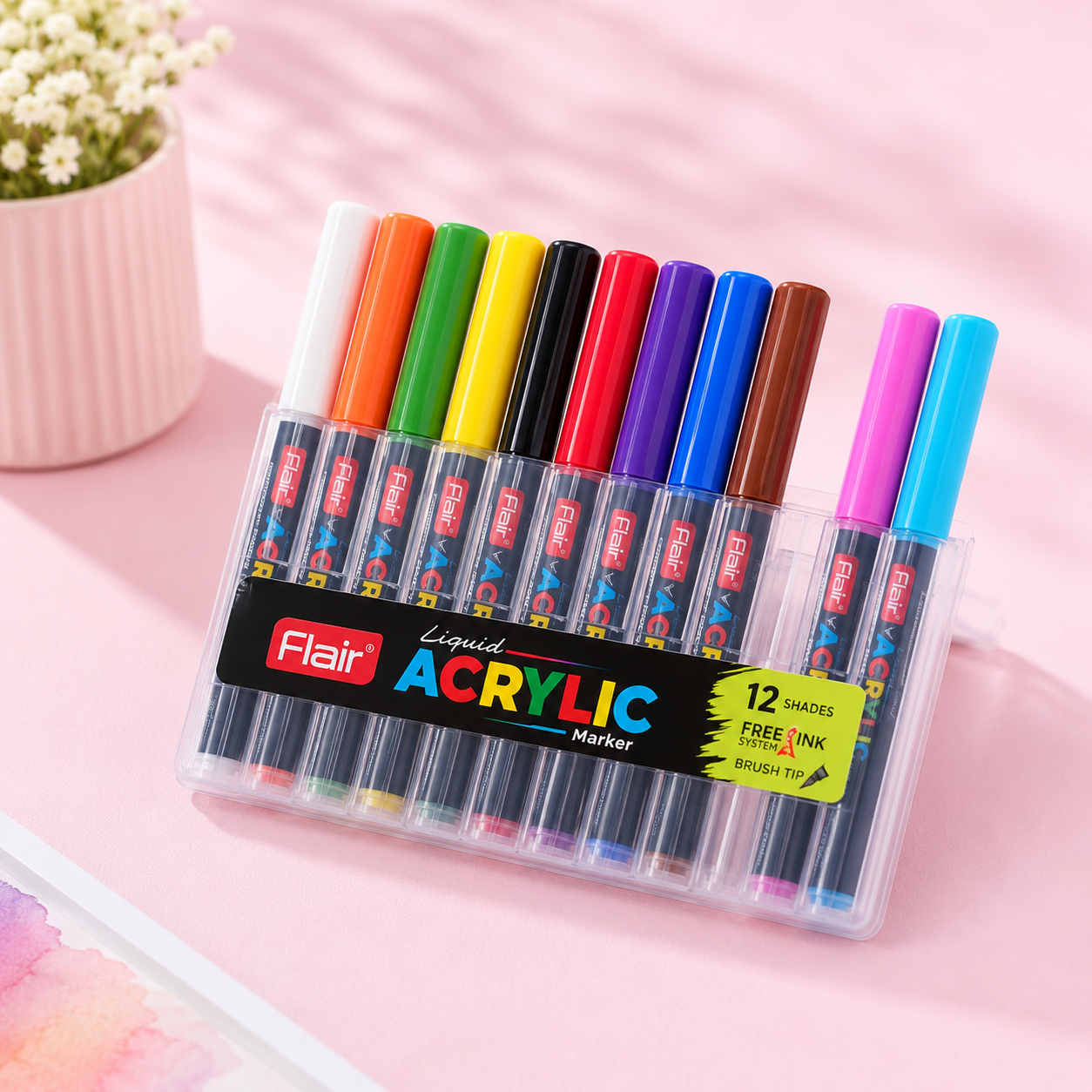 Flair Acrylic Liquid Markers – Brush Tip | 12 Shades