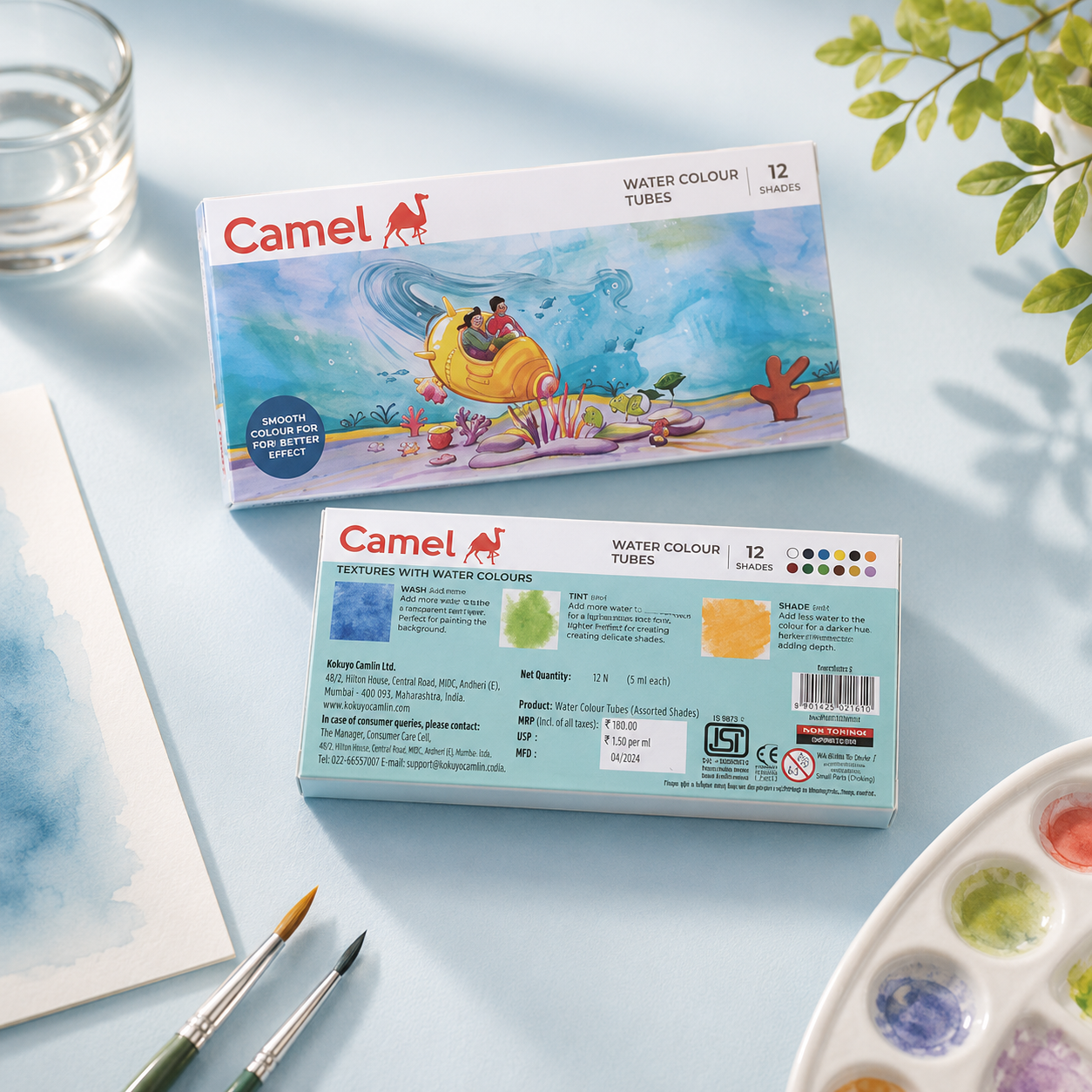 Camel Water Colour Tubes – 12 Shades | Free Brush & Mixing Palette