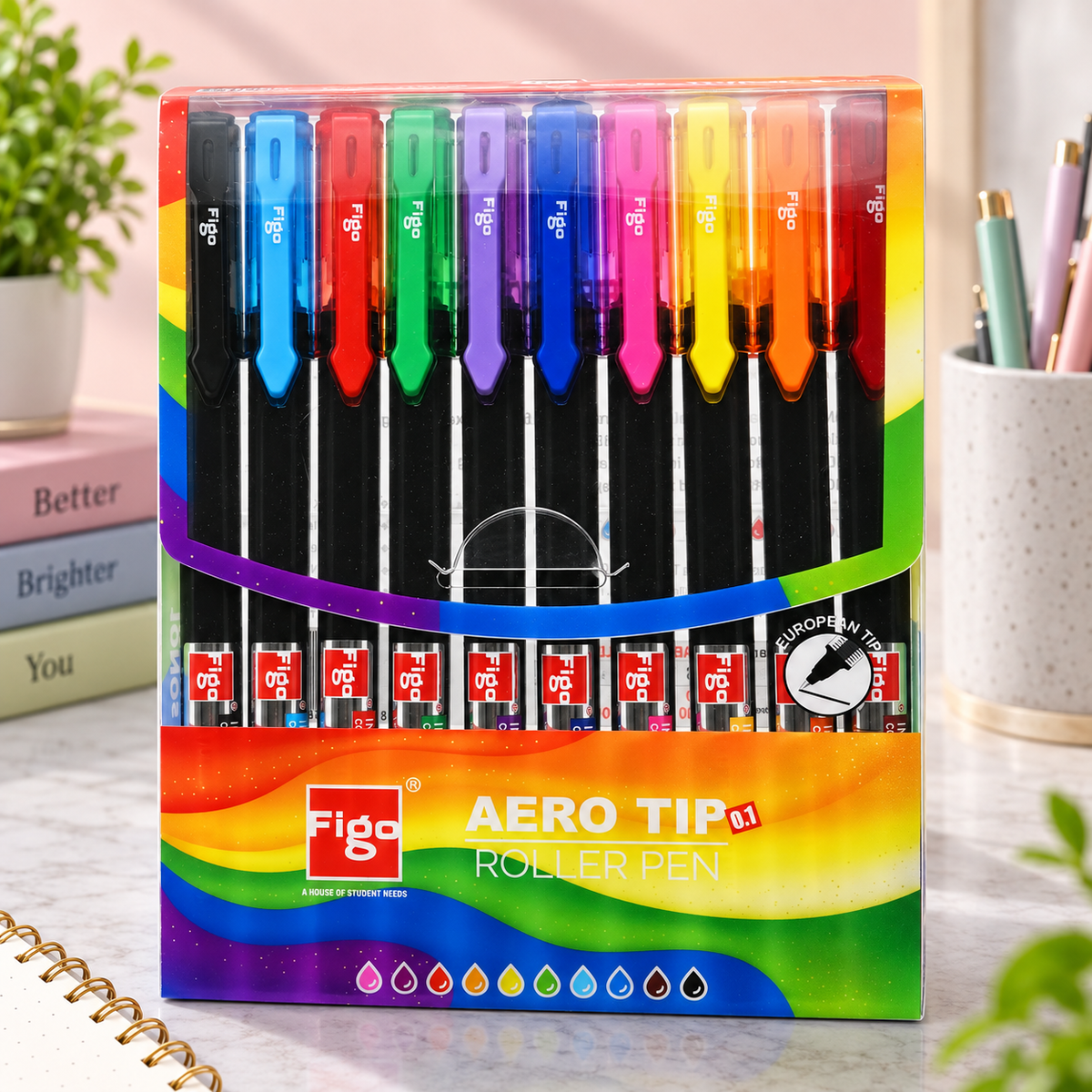 Figo Aero Tip Roller Pen – Set of 10 Assorted Colours