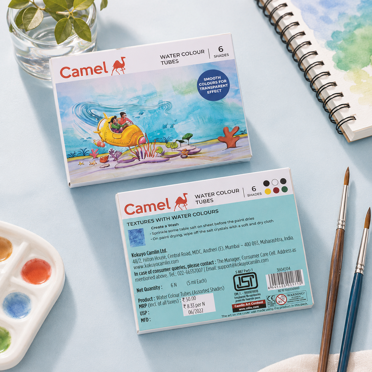 Camel Water Colour Tubes – 6 Shades | Free Brush & Mixing Palette