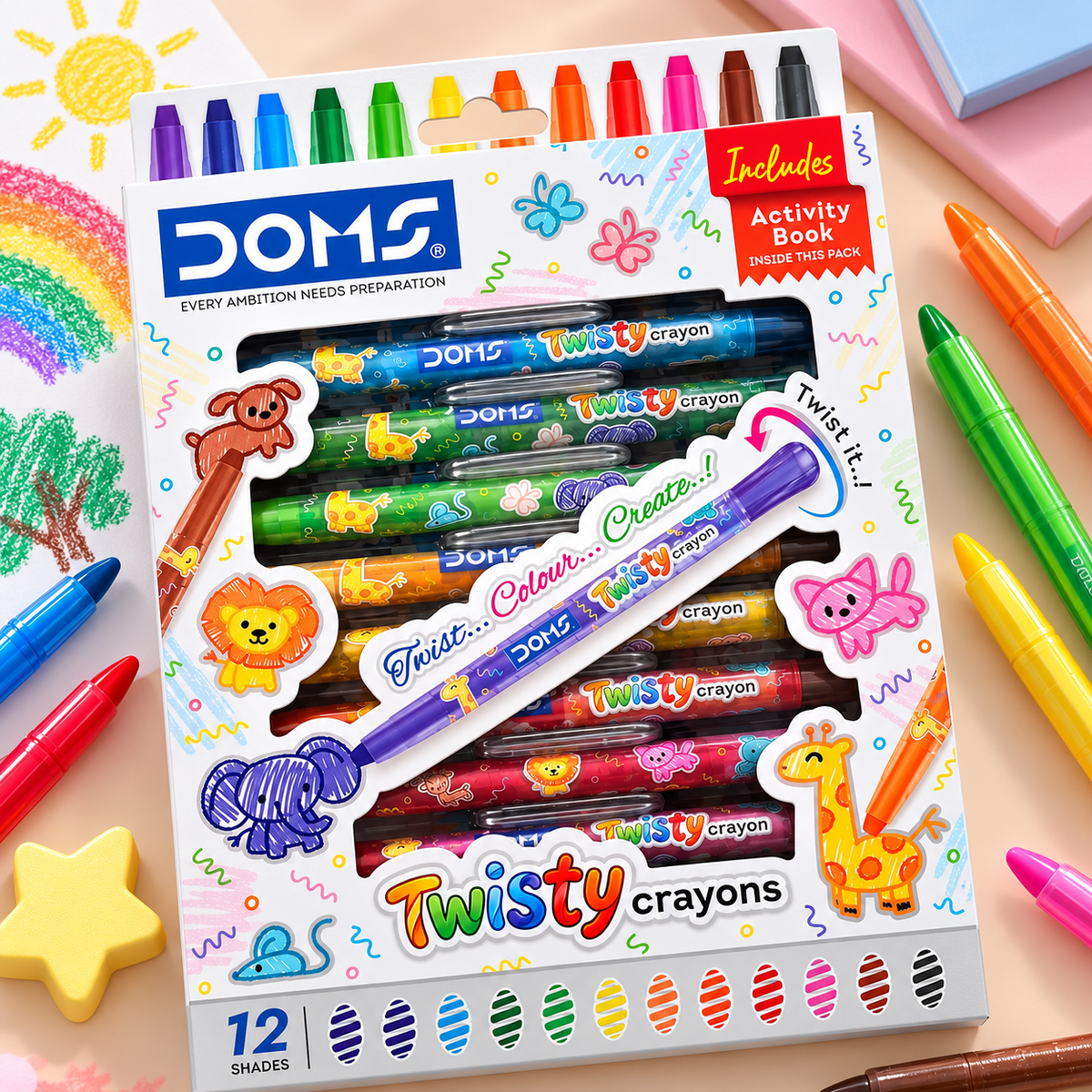 DOMS Twisty Plastic Crayons – 12 Shades