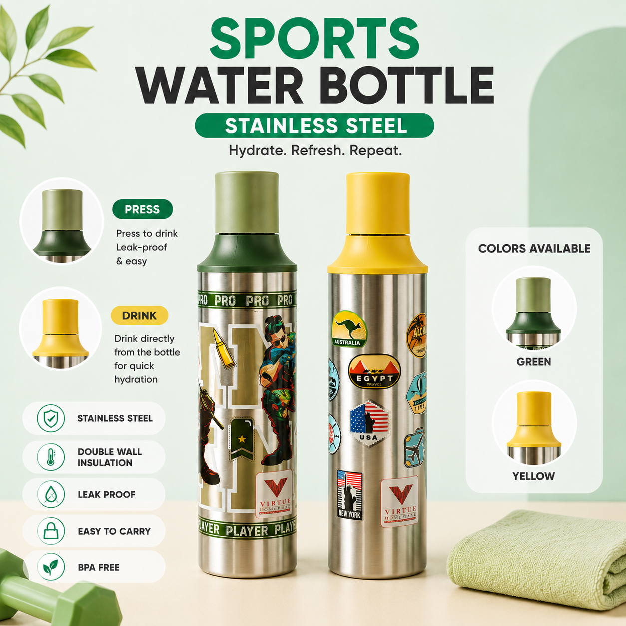 SteelSprint Sports Bottle – Stainless Steel Edition | 800 ML